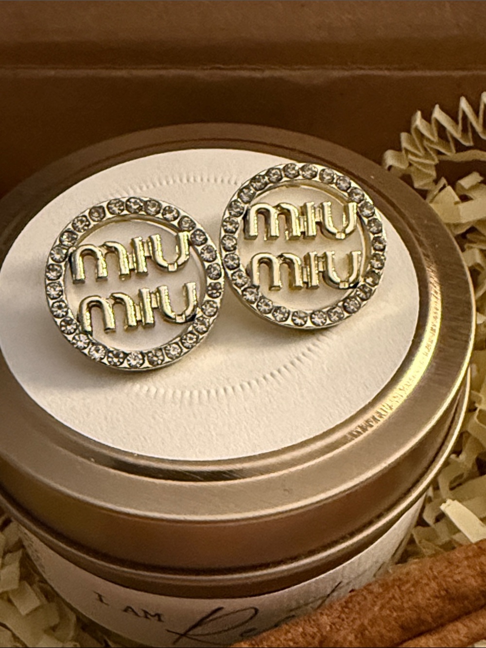 Fashion Jewelry White Enamel and Crystal Logo Button Earrings